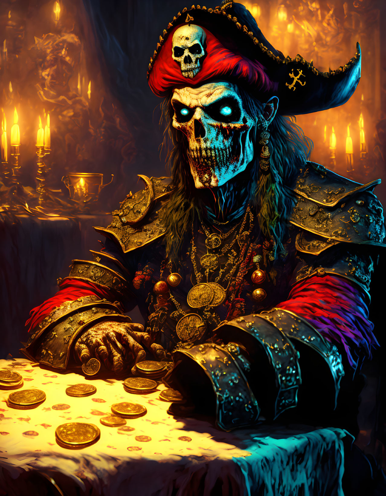 Skeletal pirate captain surrounded by gold coins and candles