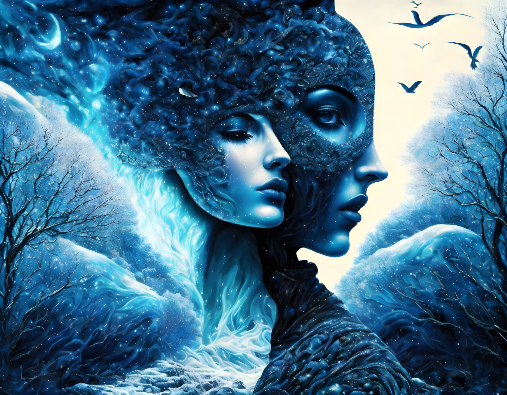 Digital fantasy art: Male and female faces merge in celestial icy landscape