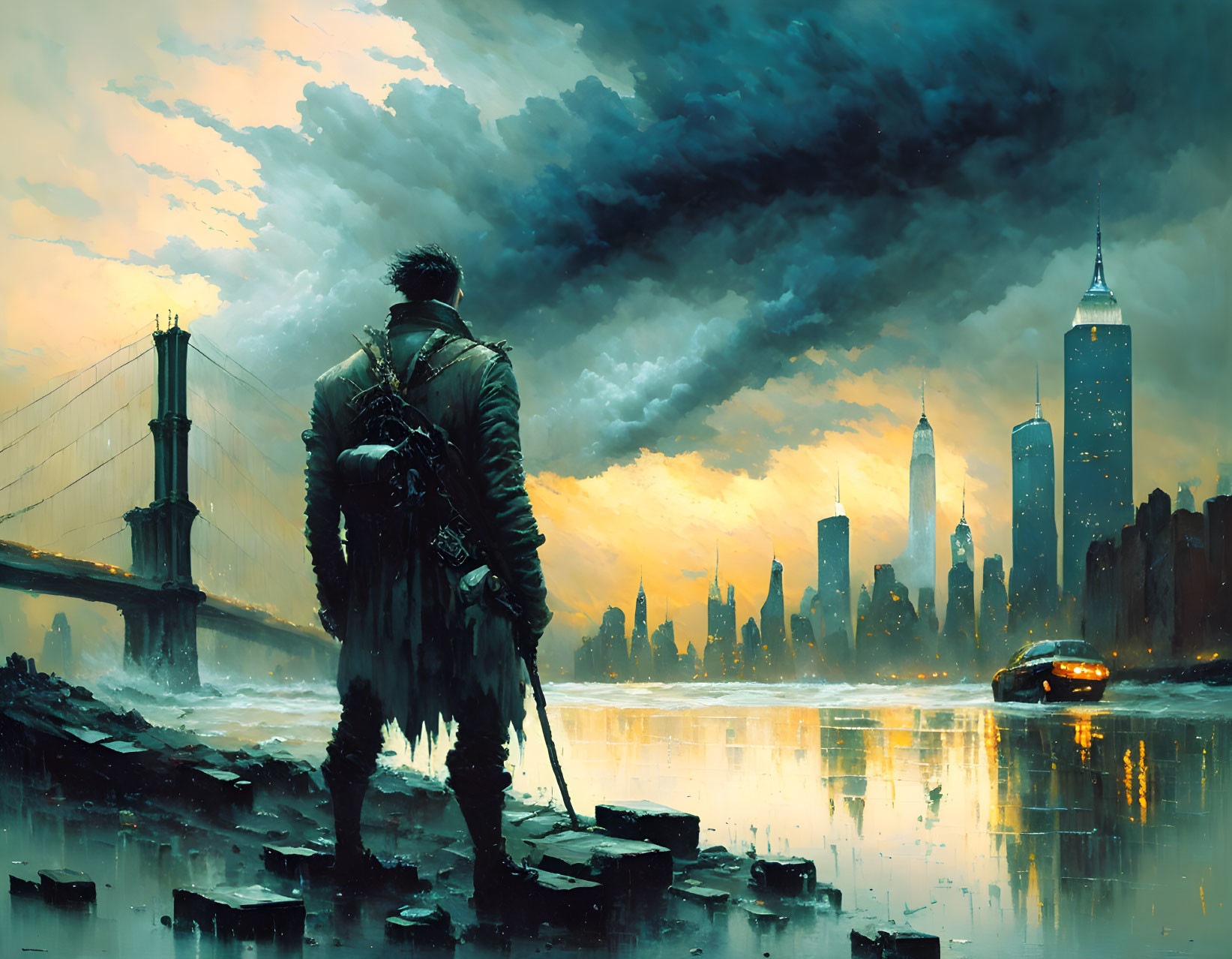 Figure in dystopian cityscape with dramatic sky, weapon, water, taxi, and rubble.