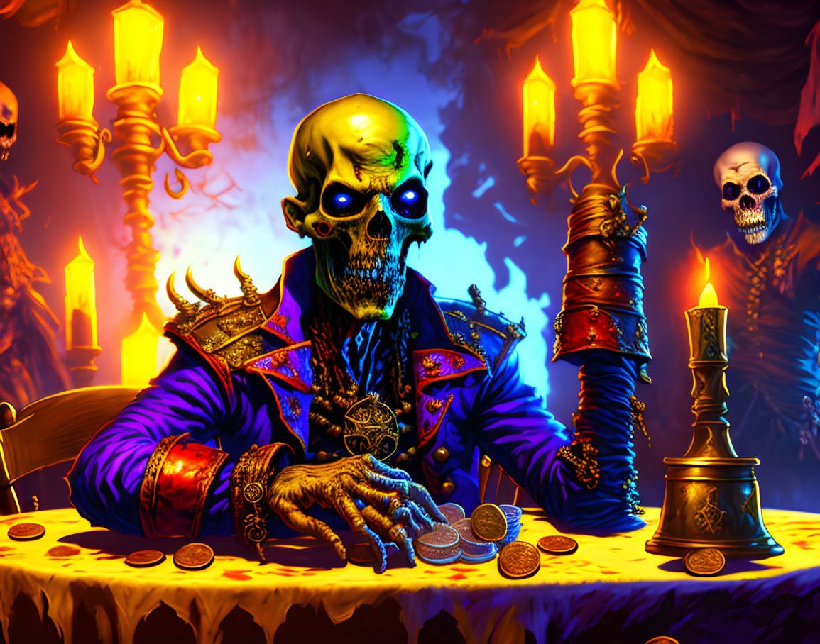 Regal skeletal figure surrounded by candles, coins, and skulls