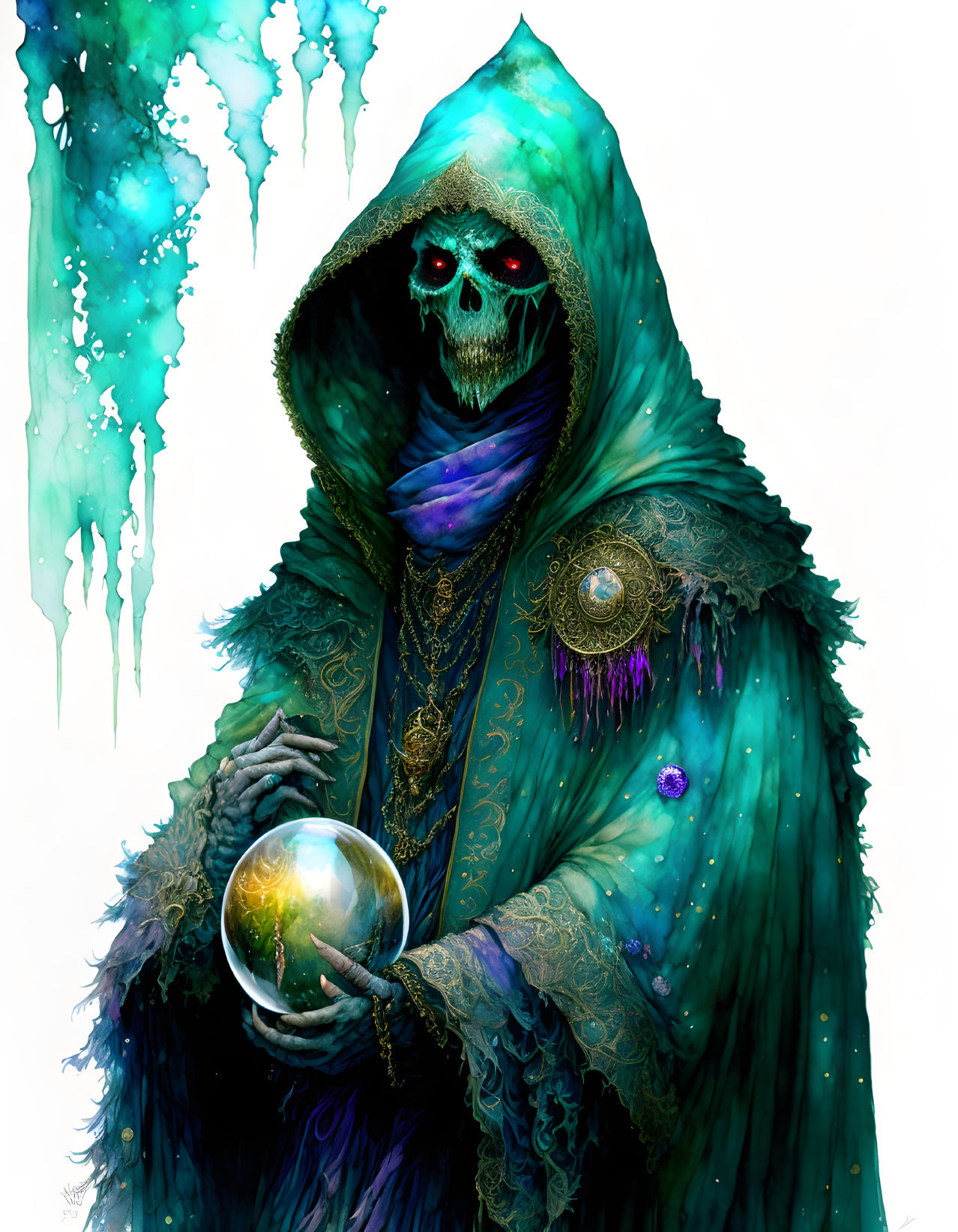 Mysterious robed figure with skeletal face and glowing orb surrounded by blue drips