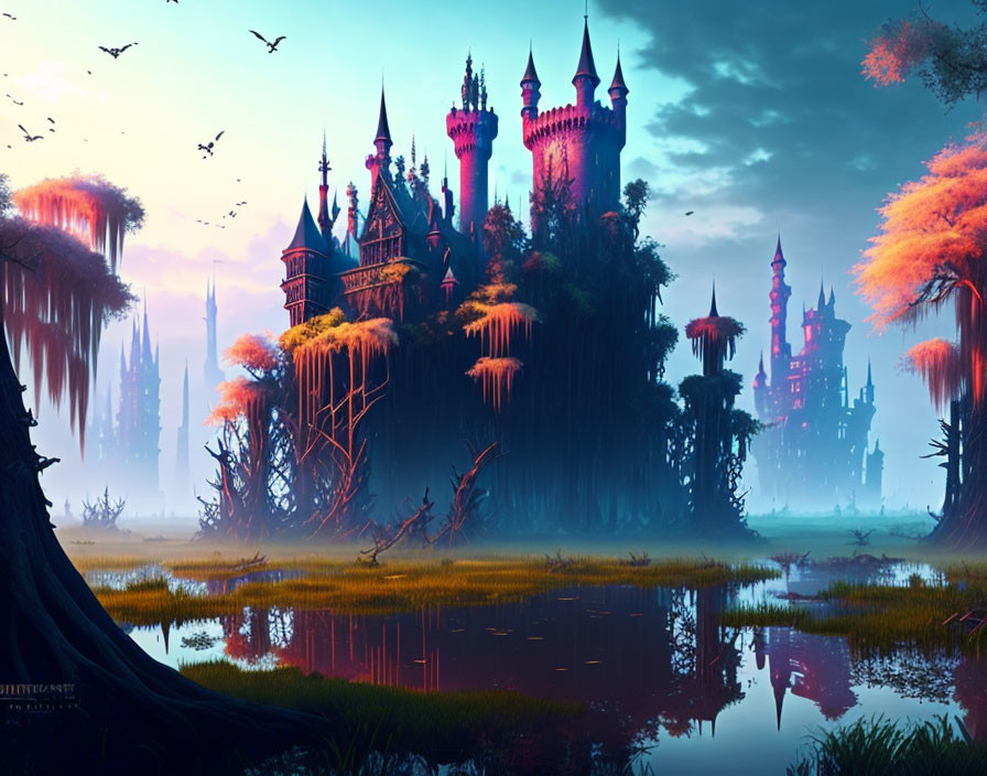 Enchanting fantasy landscape with castles, trees, reflective water, and dusk sky