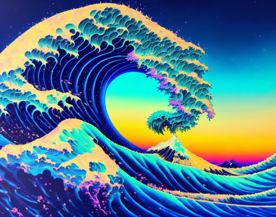 Colorful digital art piece inspired by Hokusai's "The Great Wave off Kanagawa