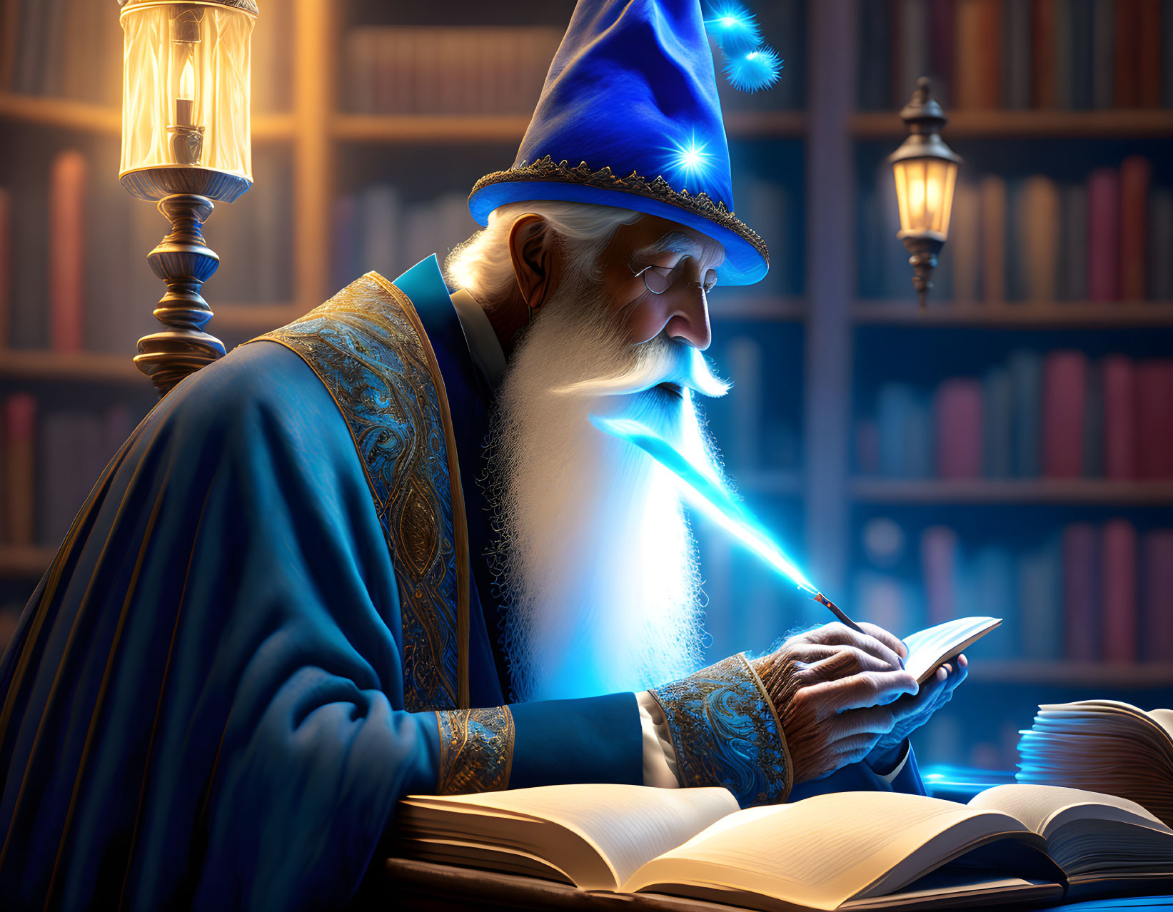 White-bearded wizard in blue robe reading ancient book with wand light
