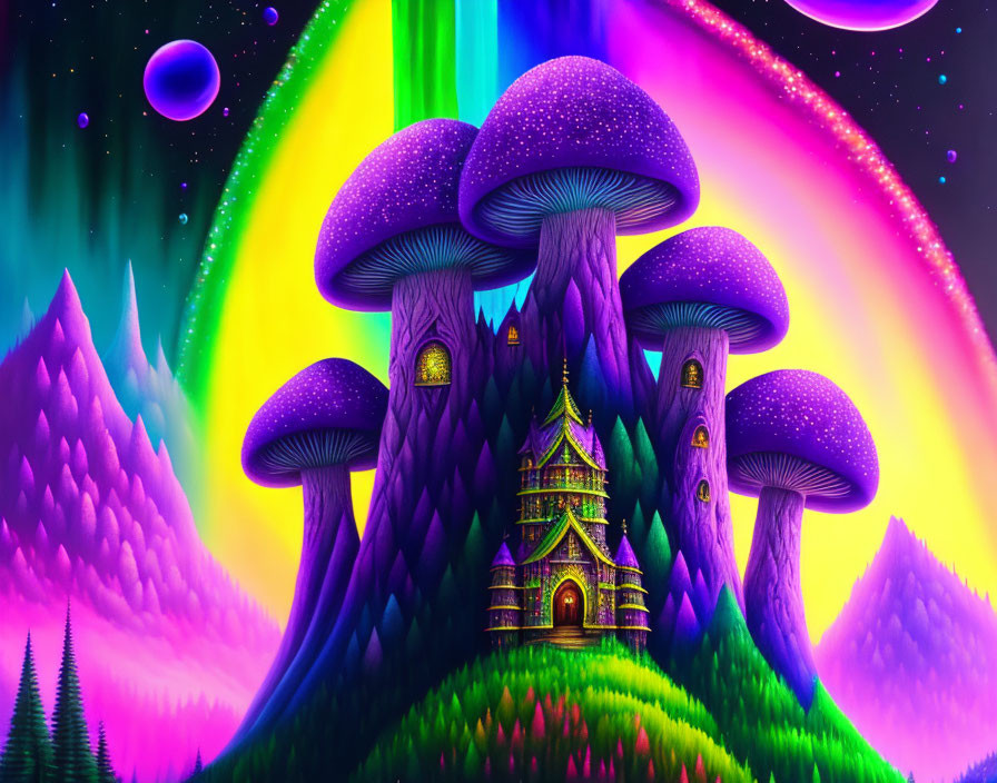 Fantasy landscape with aurora sky, luminescent mushrooms, castle, and pine trees