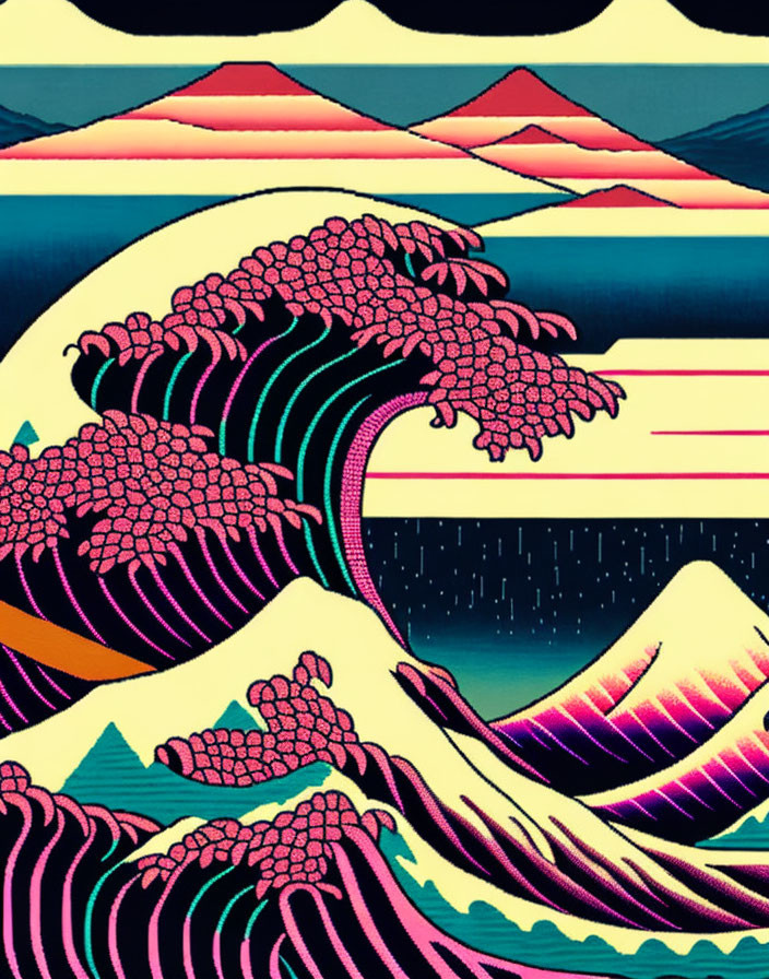 Colorful digital artwork: stylized waves, retro palette, pink foam, abstract mountains, starry