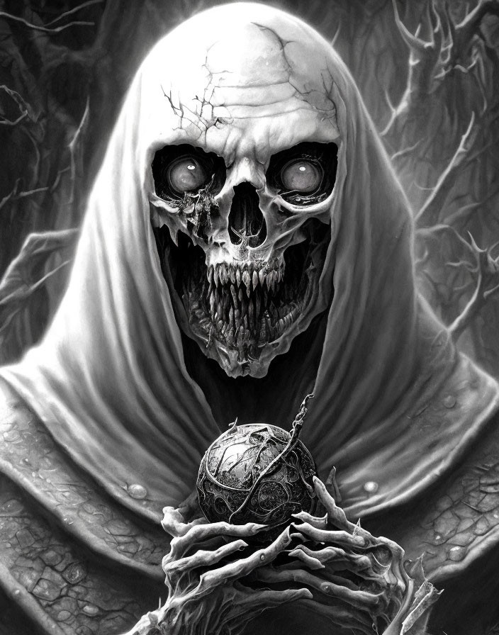Monochrome illustration of hooded skeletal figure with cracked orb and dark undertones