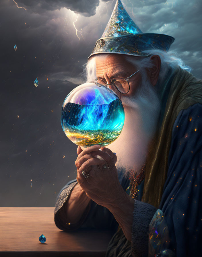 Wizard in starry robe gazes at crystal ball under stormy sky