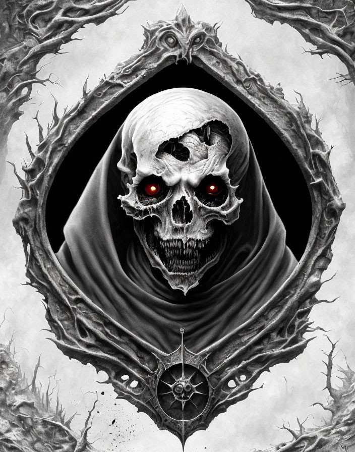 Monochromatic image of skull with red glowing eyes in gothic arch