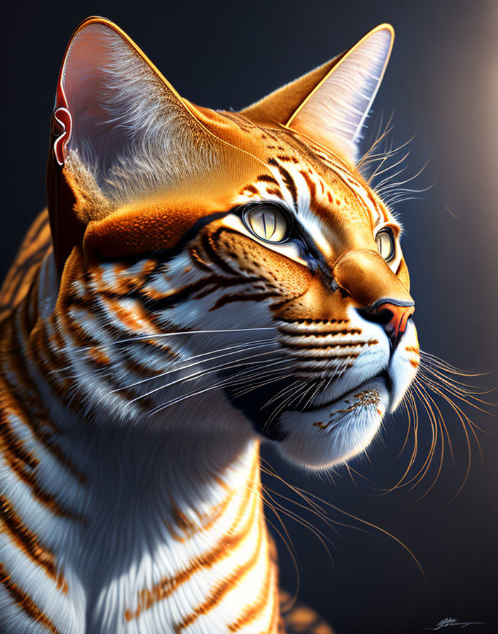 Detailed digital art of orange striped cat with intense eyes on dark background