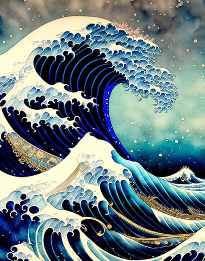 Artistic Blue Wave with Intricate Patterns in Starry Sky