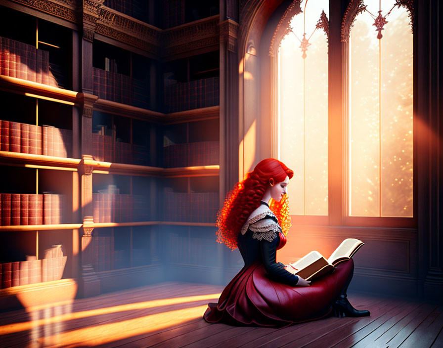 Woman with flowing red hair reading in historical gown in warmly-lit wooden library