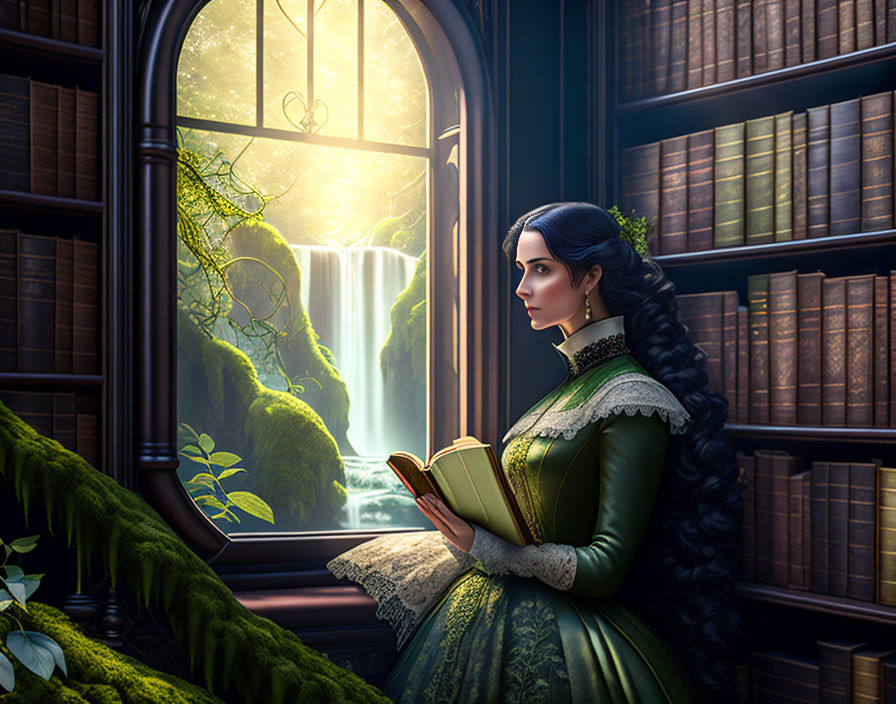 Woman in green dress in library with book, gazing at waterfall through window