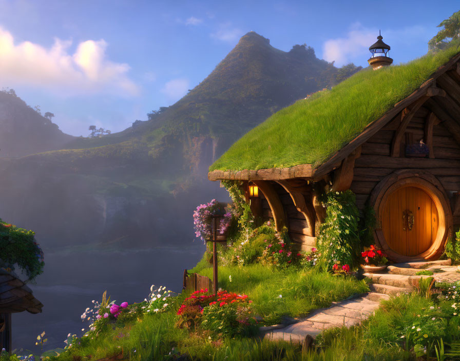 Fantasy landscape with hobbit-like houses, greenery, flowers, and river