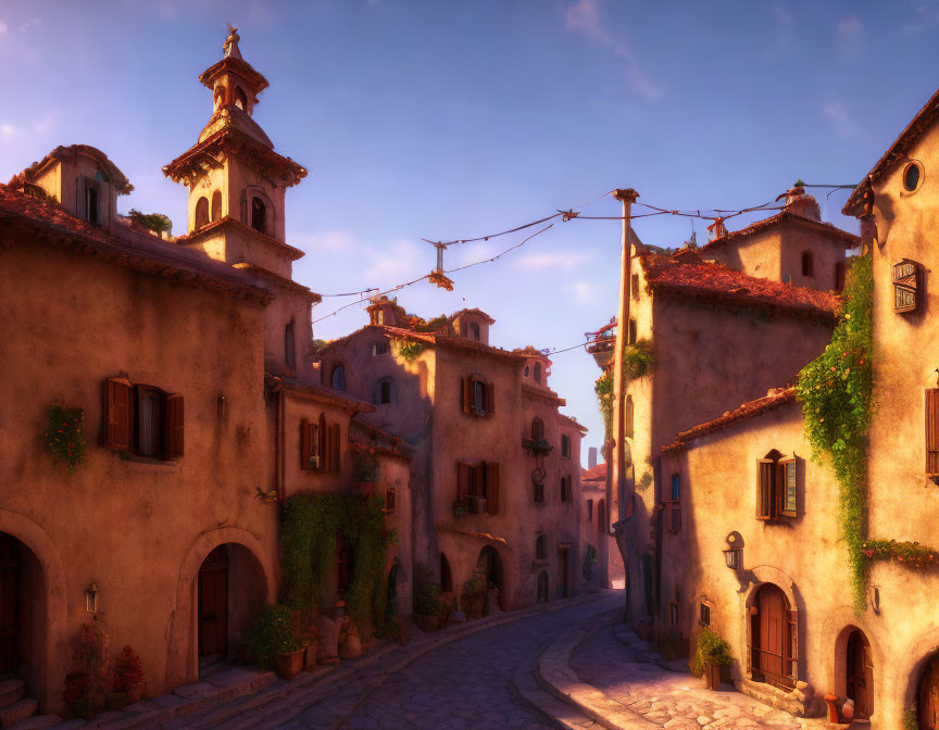Picturesque village with cobblestone street and rustic houses at sunset