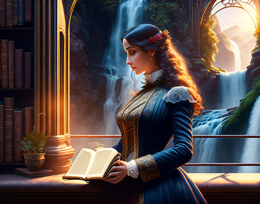 Woman in vintage blue dress reading book by window overlooking majestic waterfall