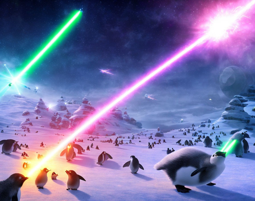 Colorful Beams Penguins Playful Battle Snowy Landscape