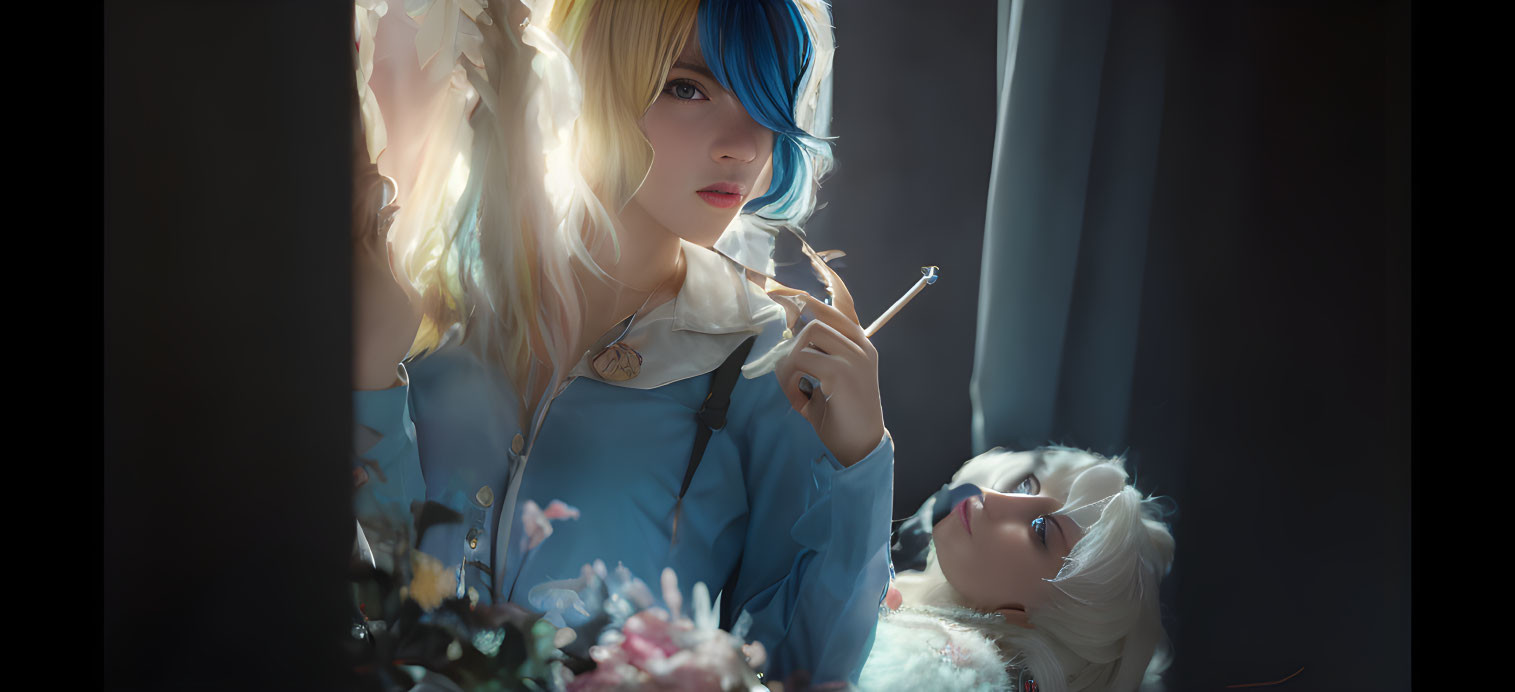 Blue-haired elf-like cosplayer holding twig in soft-lit setting