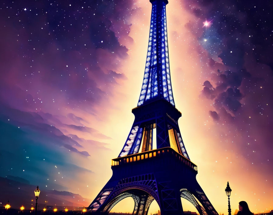 Iconic Eiffel Tower Night Scene with Starry Sky and Silhouette