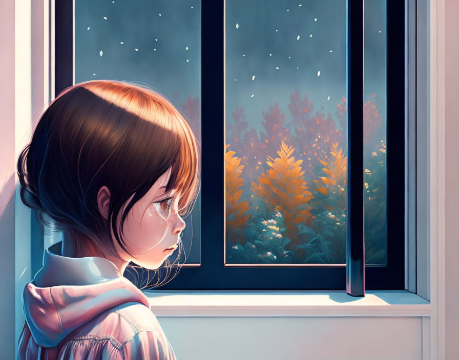 Brown-haired animated girl looking out window at night scene with autumn forest.