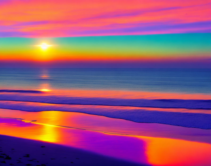 Colorful Beach Sunset with Purple, Blue, and Orange Hues Reflecting on Water