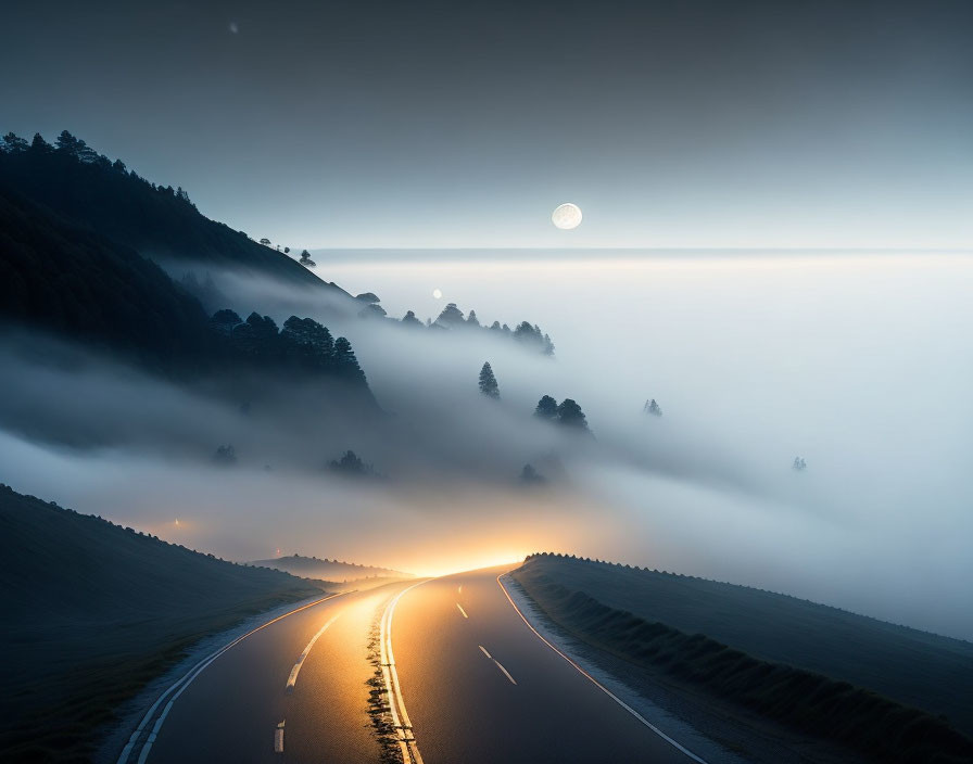 Moonlit Misty Landscape with Winding Road at Night