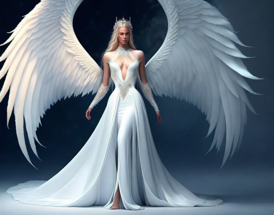 Regal woman with white angel wings in elegant gown and crown in serene setting