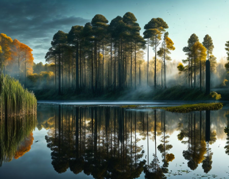 Tranquil lake with foggy forest and tall trees at sunrise