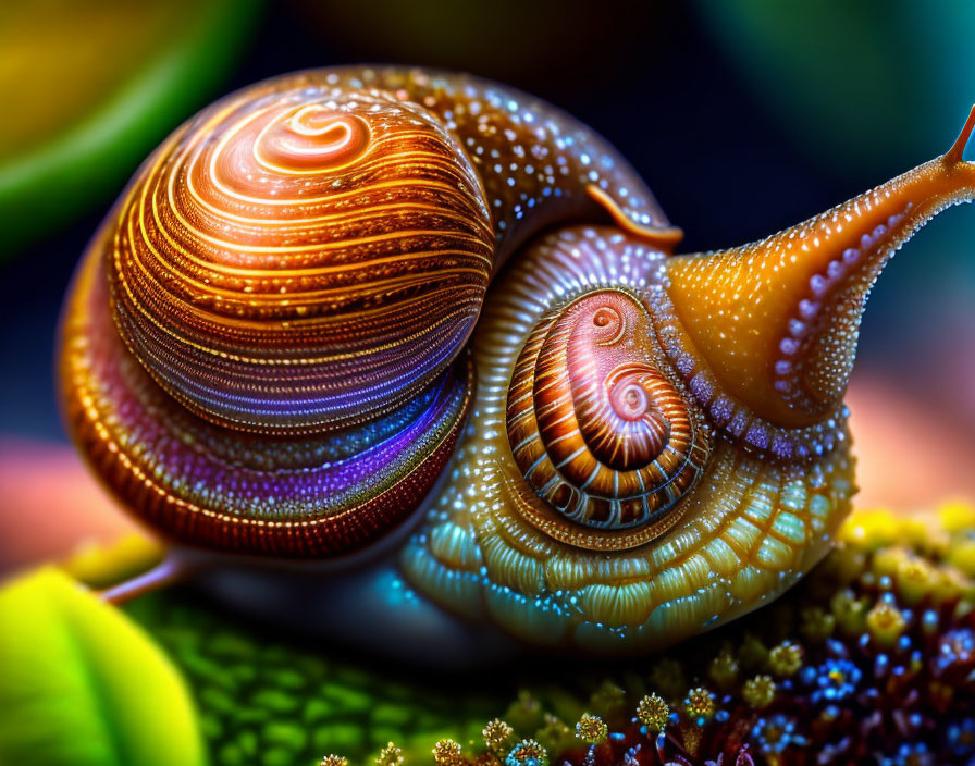 Colorful Close-Up Image: Vibrant Snail on Iridescent Shell in Fantasy Landscape