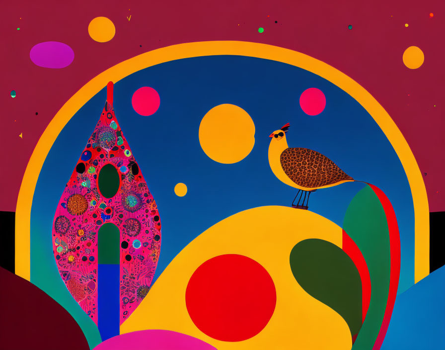Colorful Abstract Art: Vibrant Peacock on Patterned Background