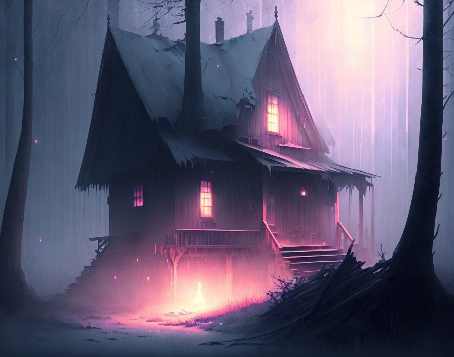 Mystical illustration: Secluded house in foggy twilight forest