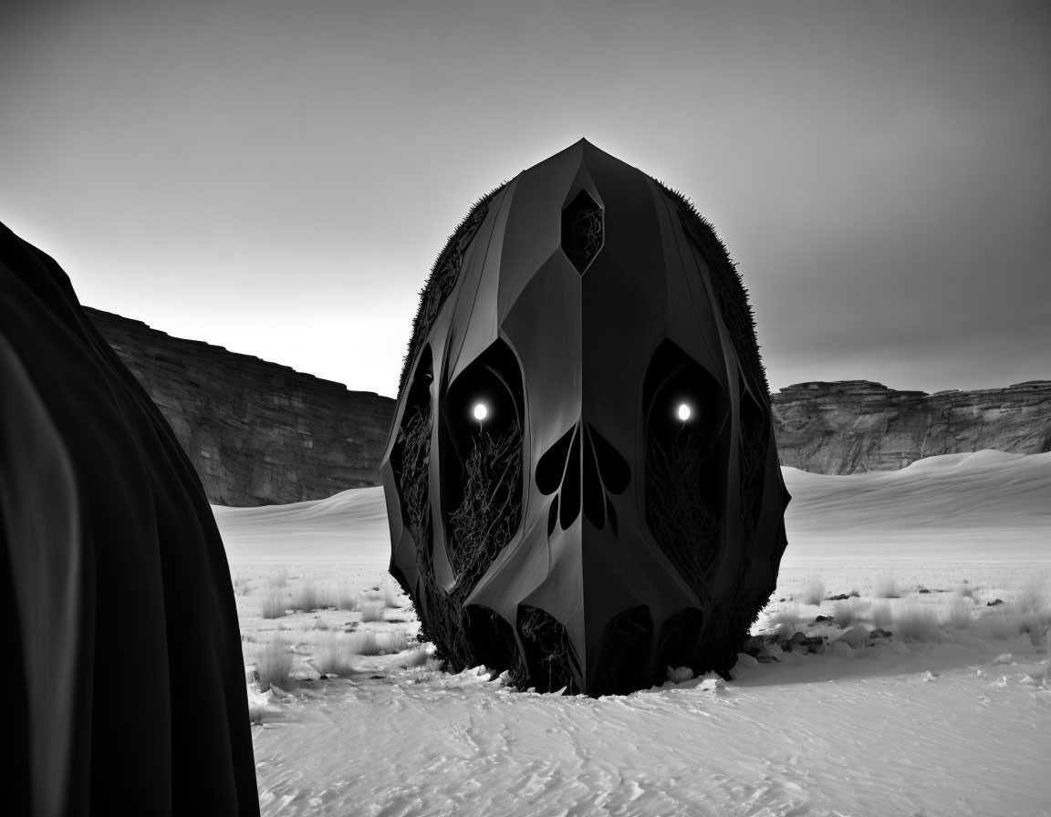 Surreal skull-like structure with glowing eyes in snowy landscape