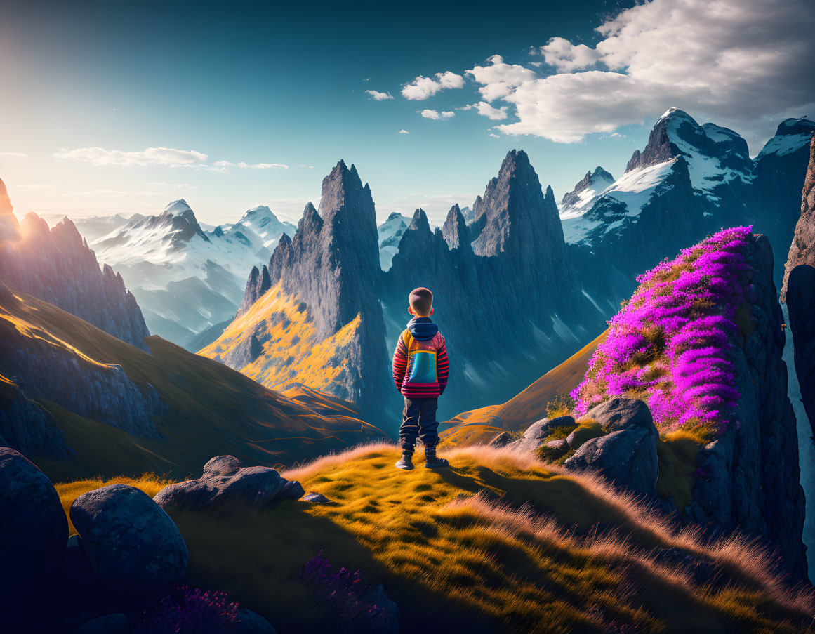 Person on Grass Cliff Gazes at Sharp Mountain Peaks at Sunrise