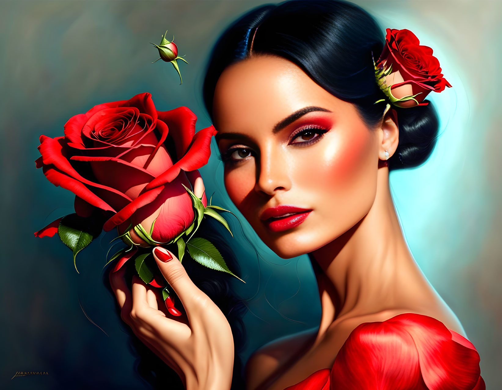 Portrait of Woman with Striking Makeup and Red Rose Bouquet