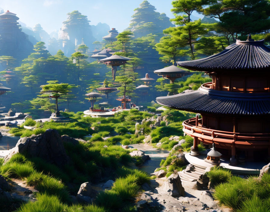 Traditional Asian Pagodas Surrounded by Lush Greenery, Waterways, and Mountains