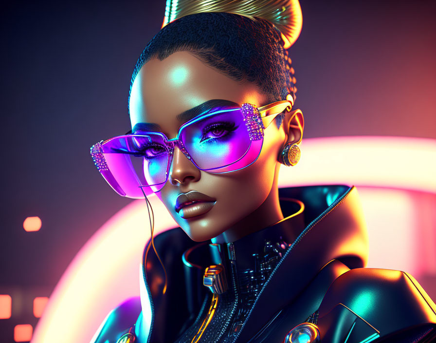 Futuristic female character with glossy skin and stylish sunglasses
