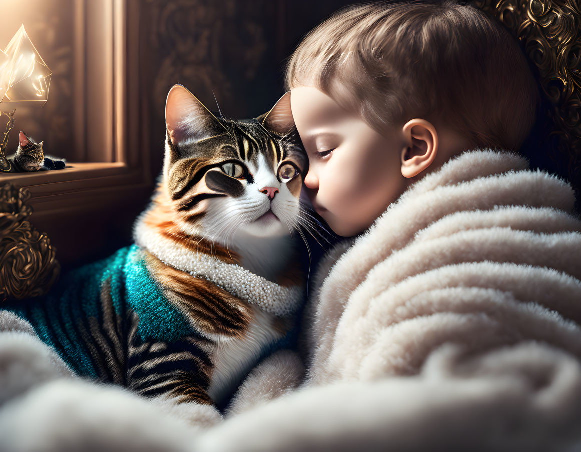 Child cuddling tabby cat in warm light by window side