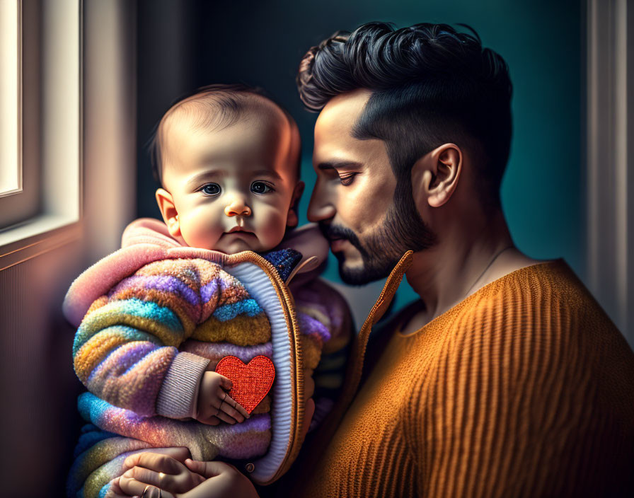 Man in Yellow Sweater Gazing at Baby in Colorful Knit Outfit by Window