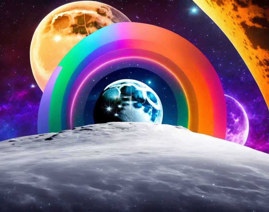 Surreal cosmic digital art: vibrant rainbow on lunar surface