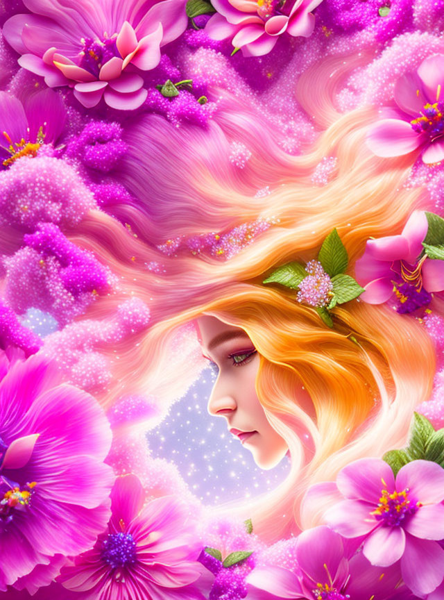Colorful digital artwork of woman with golden hair among pink and purple flowers.