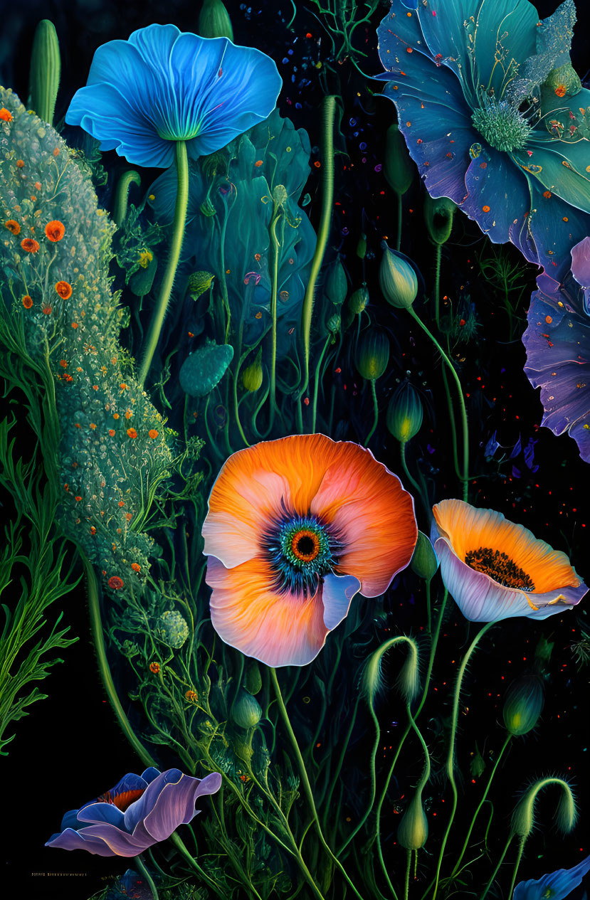 Colorful flowers with dewdrops on dark background: poppies and blue blooms.