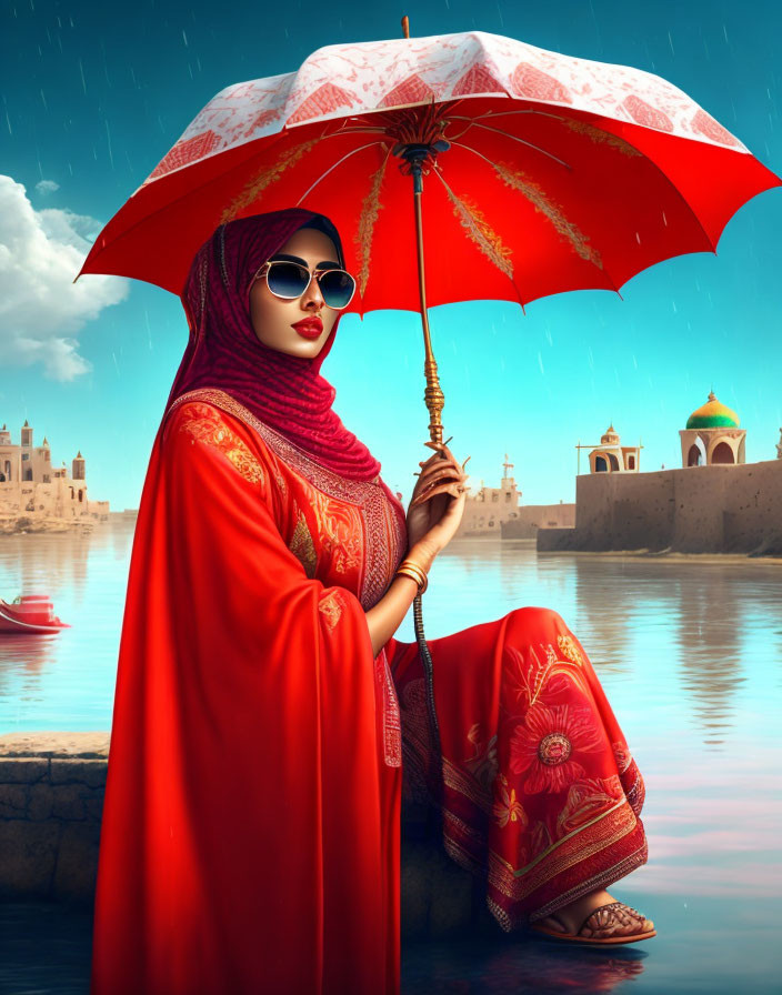 Woman in red outfit with headscarf holding umbrella by calm water and historic buildings.
