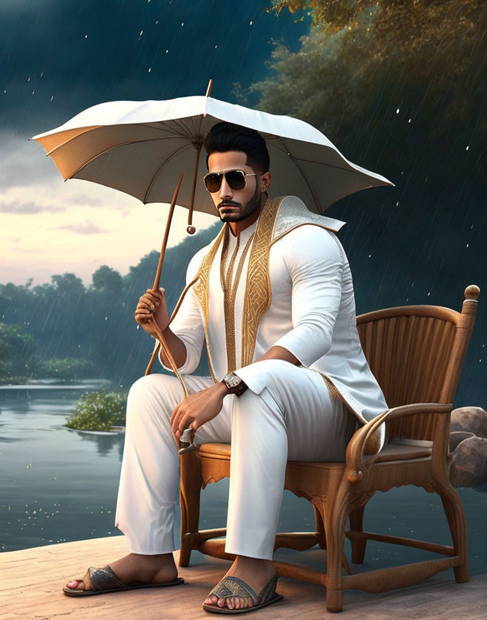 Man in White Ethnic Outfit Holding Umbrella Outdoors by River