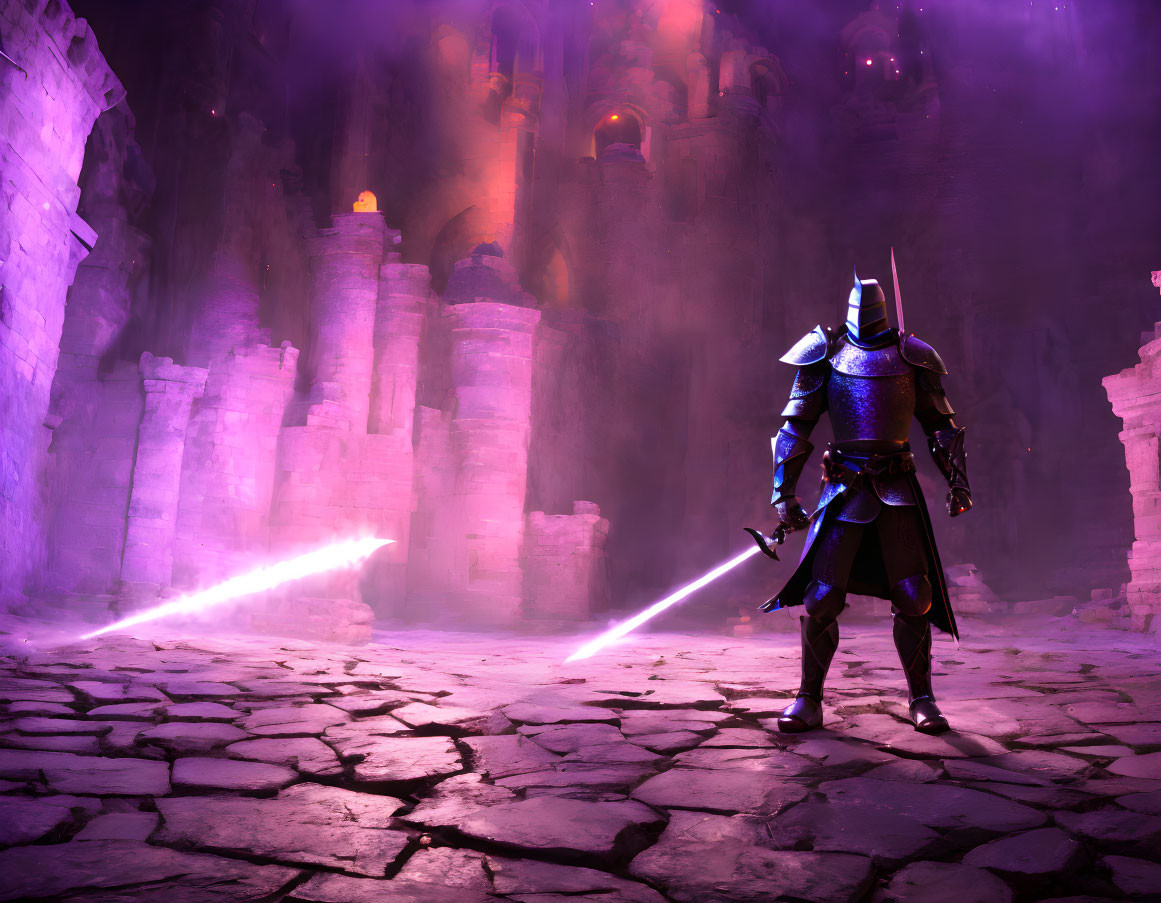 Blue-armored knight in eerie cave with glowing sword