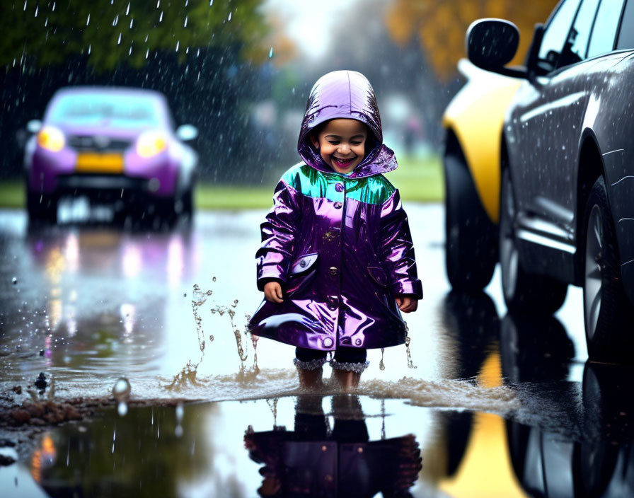 Child in Purple Raincoat Splashing in Puddle on Wet Street