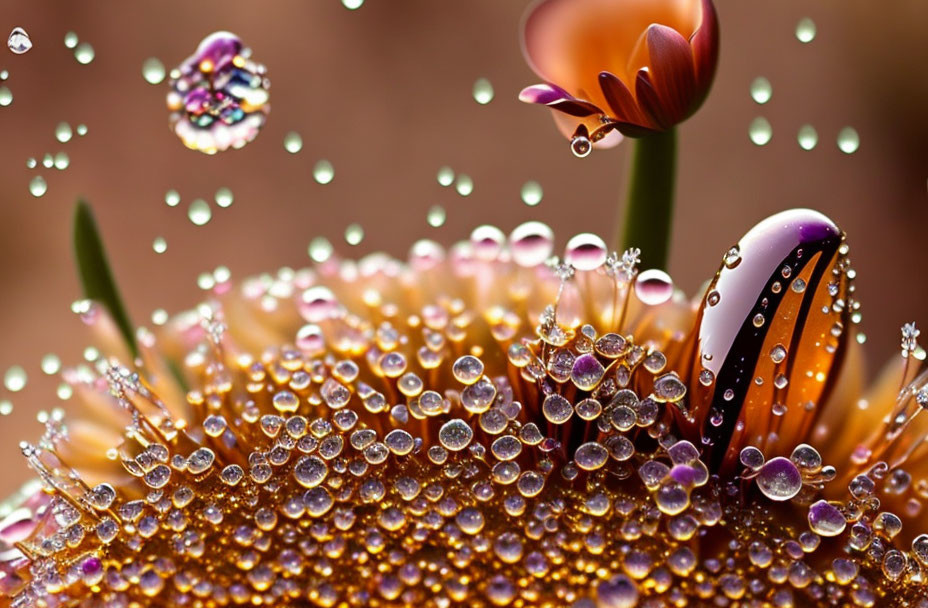 Flower with dewdrops creating shimmering effect