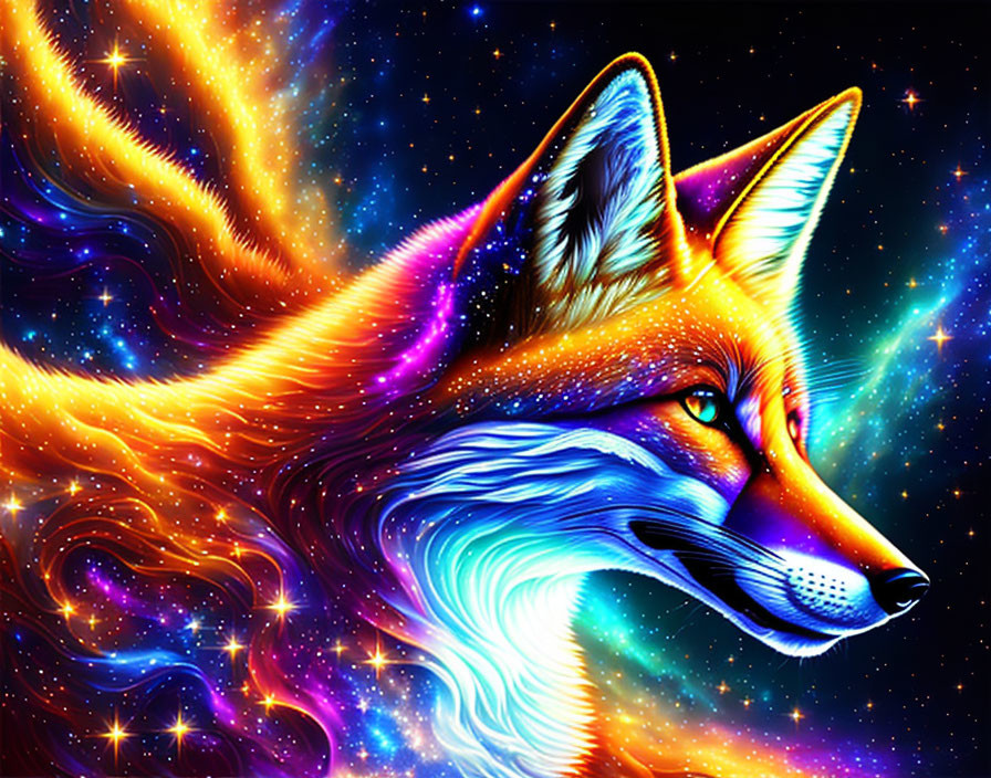 Colorful Celestial Fox Illustration in Starry Space Scene
