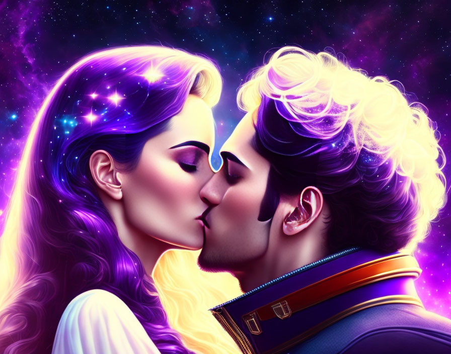 Romantic couple kissing under vibrant cosmic backdrop