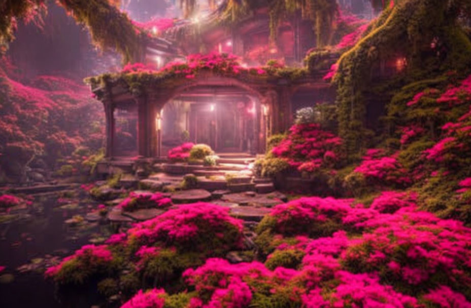 Vibrant pink flora, gazebo, stepping stones over tranquil water in mystical garden