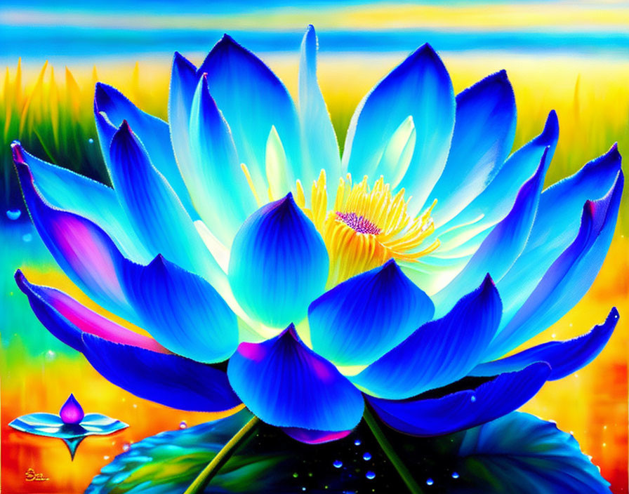 Vibrant digital painting: Blue lotus flower on colorful gradient background